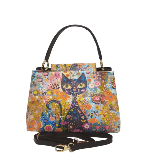 Leather Bag, Pretta Model - 3555 Multicolor Cat Print