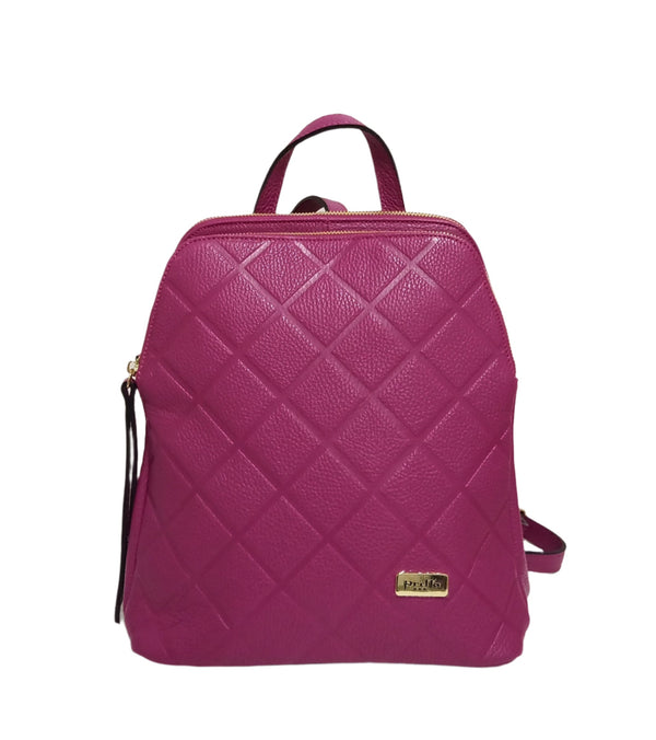 Leather Backpack, Pretta Model - 8034 Magenta Pattern - Gold Accessories