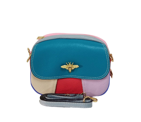 Valódi bőr postástáska, EGYEDI, Pretta 322 – többszínű, türkiz–fehér