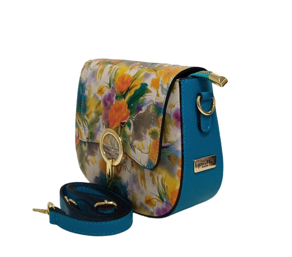 Bőr Táska, Postás Típus, Pretta-183 Modell Narancs Virág- Türkiz