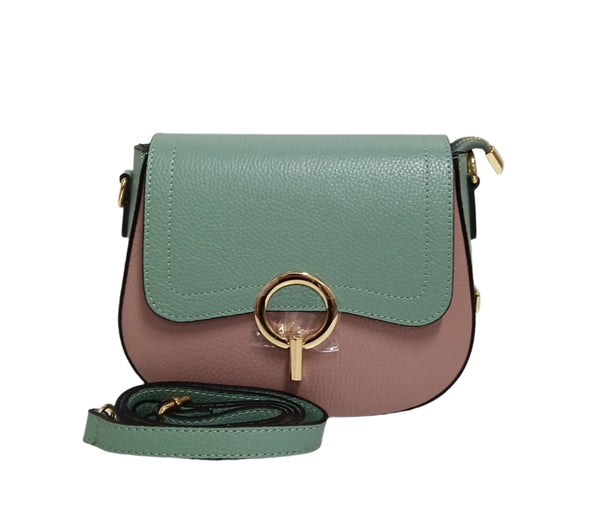 Bőrtáska, Postás típus, Pretta-183 modell, többszínű menta zöld – lila