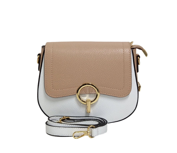 Bőrtáska, Postás típus, Pretta-183 modell Többszínű Fehér–Púderrózsaszín