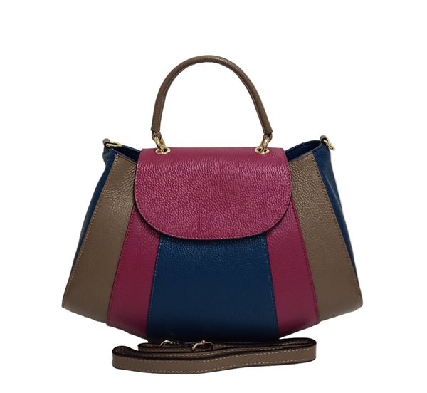 Bőrtáska, Pretta-2385 modell, többszínű magenta–taupe–petrolkék