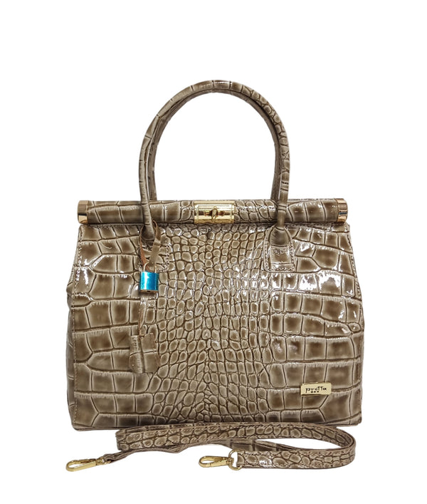 Bőrtáska, Pretta-8173 modell, fényes taupe krokó mintás