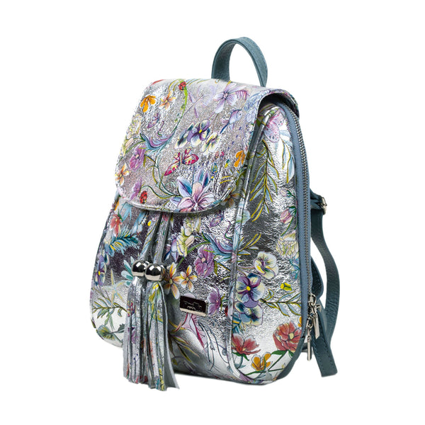 Leather Backpack, Pretta 8108 Model, Silver Floral-Mineral Blue