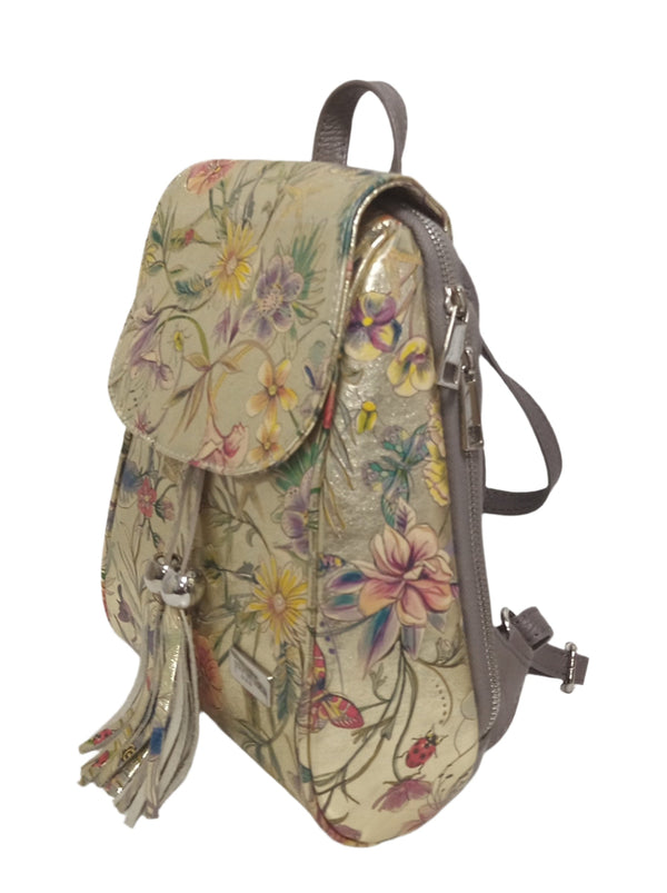 Backpack Leather, Pretta Model - 8108 Floral Gold Smoke Grey