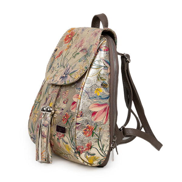 Rucsac Piele, Model Pretta 8108 Arany Virágmintás-Taupe